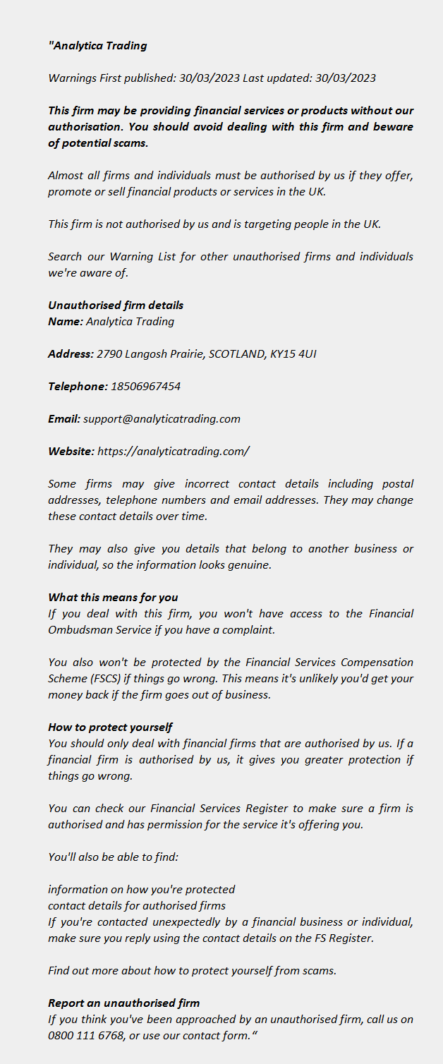Analytica Trading - FCA Warning List 