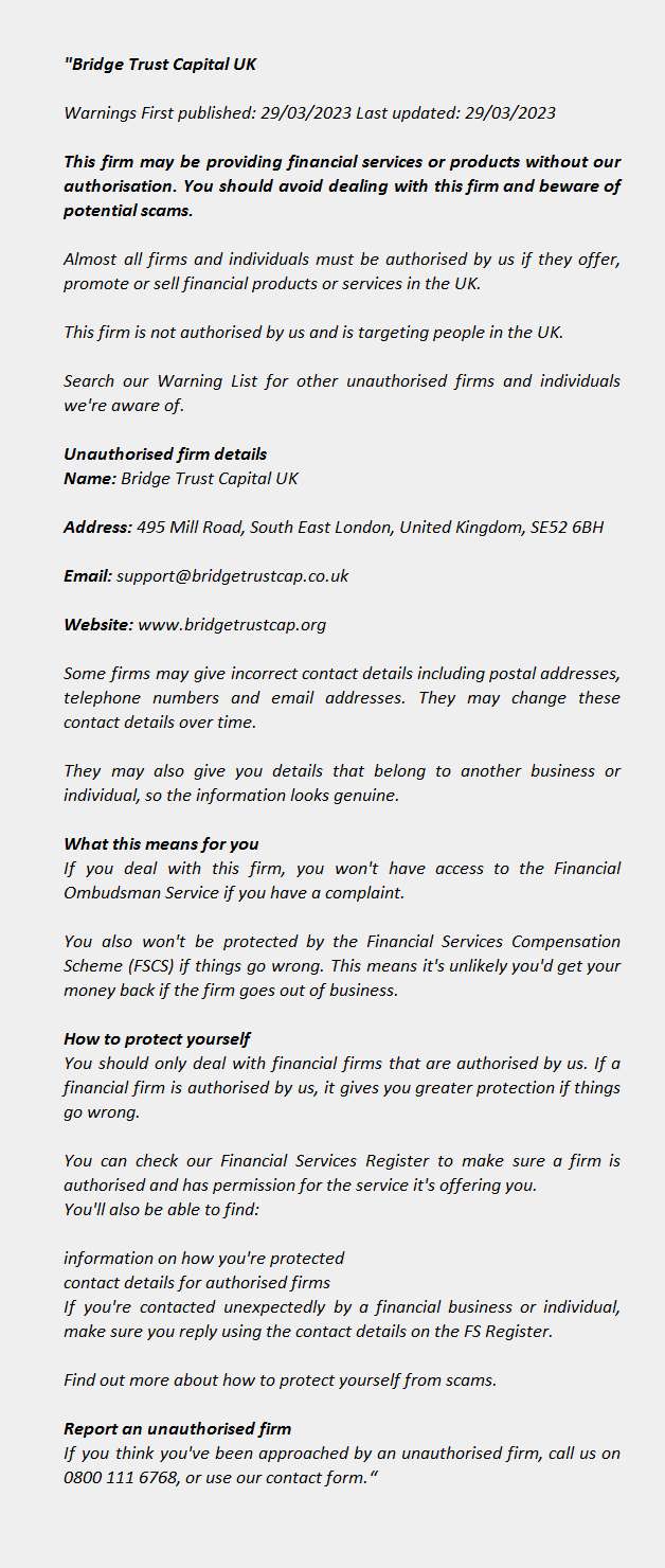 BRIDGE TRUST CAPITAL UK - FCA Warning List 