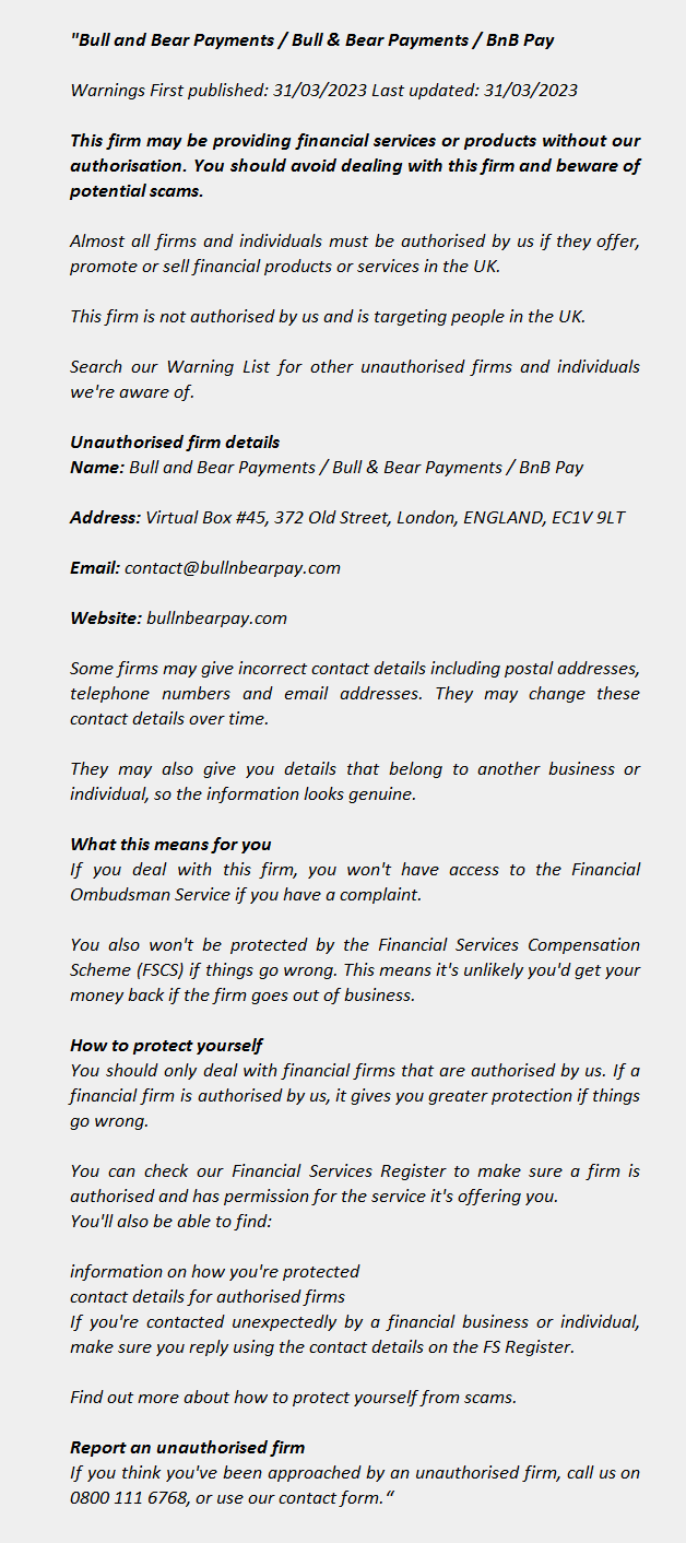 BULLNBEARPAY.COM: FCA issues Warning BnB Pay - FCA Warning List