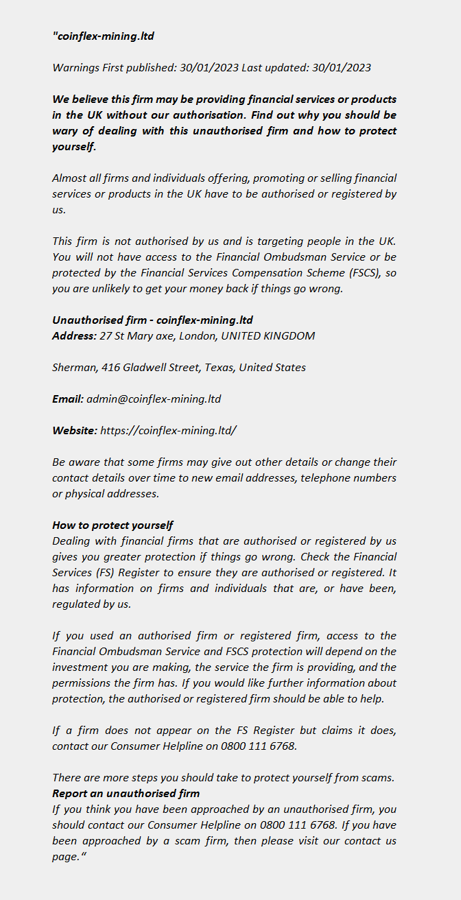 COINFLEX-MINING.LTD  FCA Warning List 