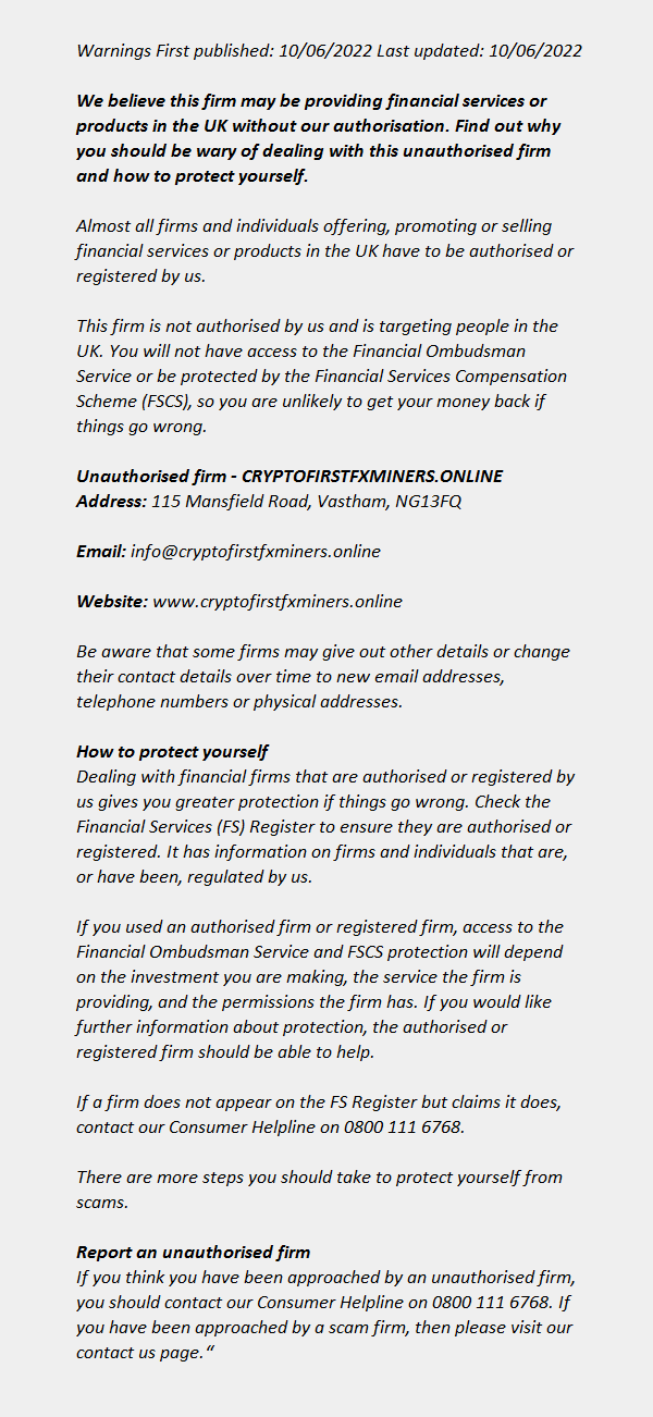 CRYPTOFIRSTFXMINERS.ONLINE ++ FCA Warning List