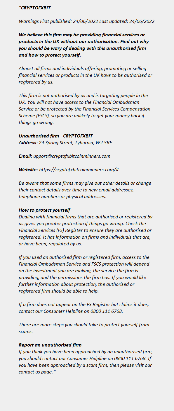 CRYPTOFXBIT ++ FCA Warning List 