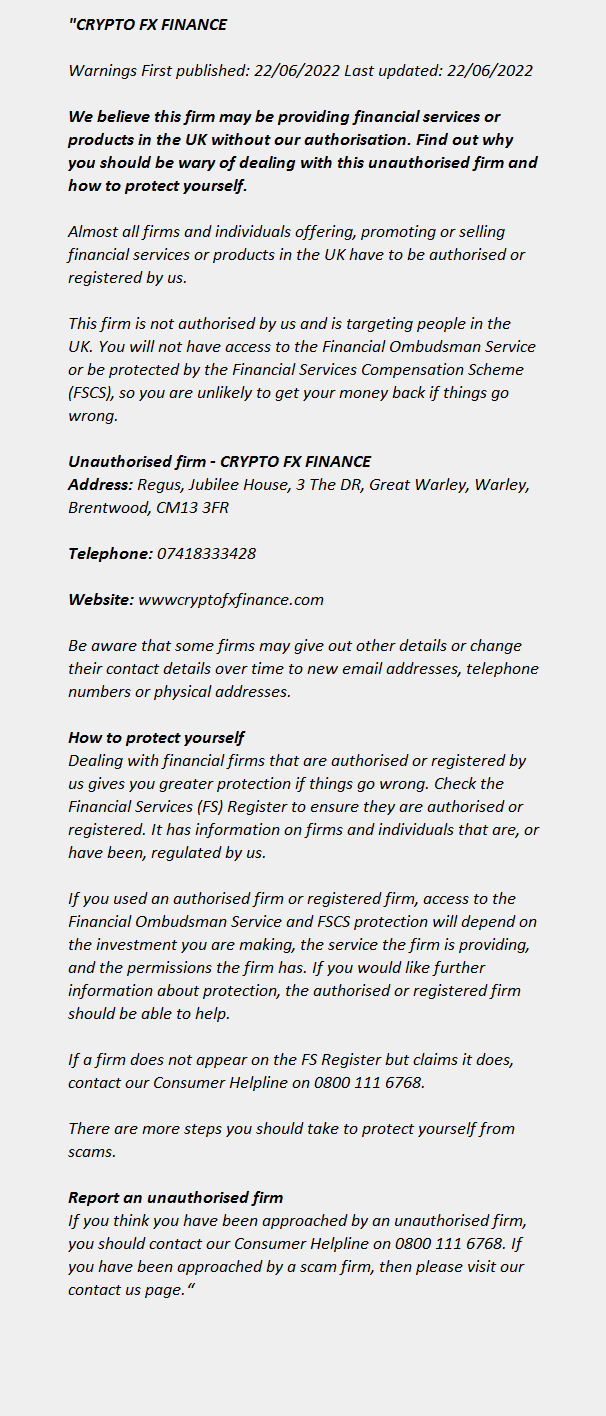 CRYPTO FX FINANCE ++ FCA Warning List 