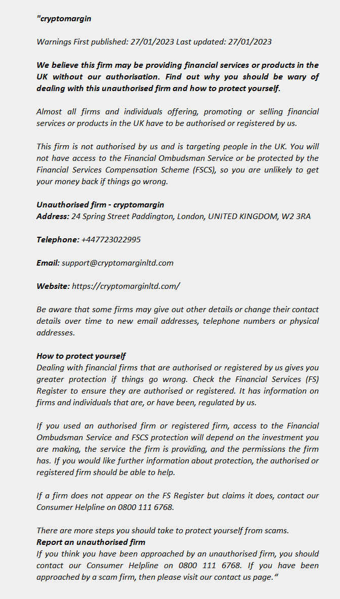 CRYPTOMARGIN - FCA Warning List 