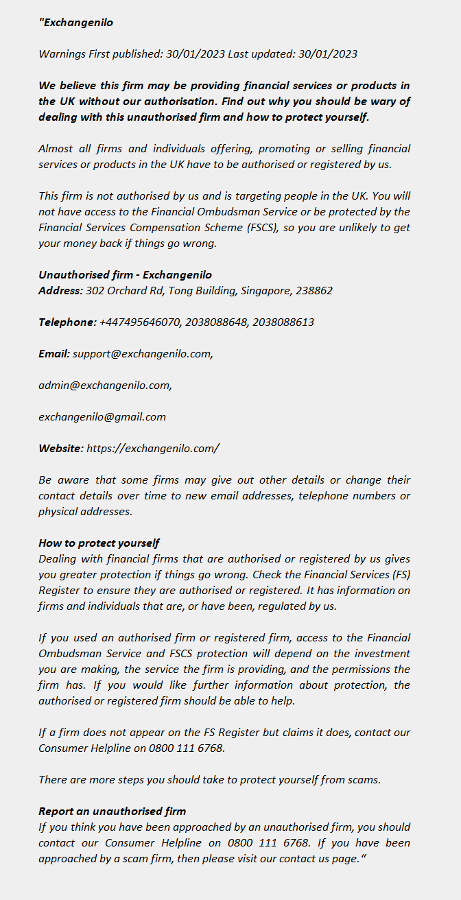 EXCHANGENILO  FCA Warning List 