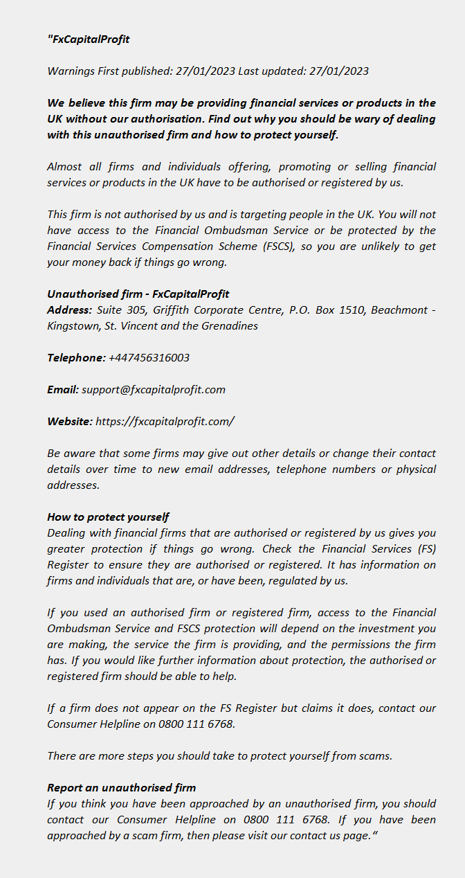 FXCAPITALPROFIT - FCA Warning List 