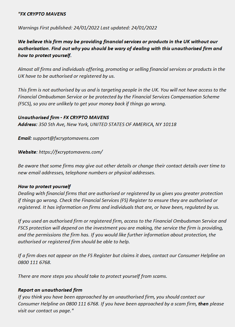 FX CRYPTO MAVENS - FCA - Warning Fxcryptomavens.com - FCA Warning List