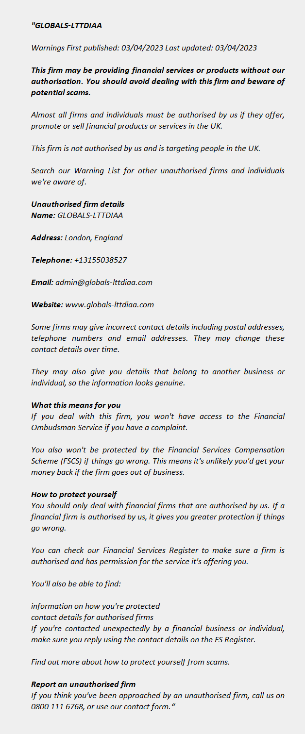 GLOBALS-LTTDIAA - FCA Warning List 