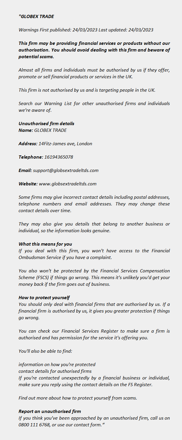 GLOBEX TRADE - FCA Warning List 