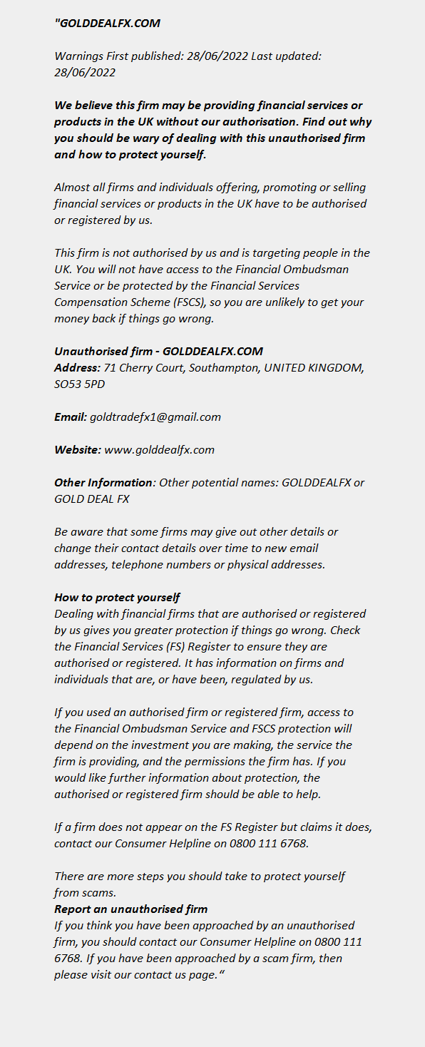 GOLDDEALFX.COM ++ FCA Warning List 