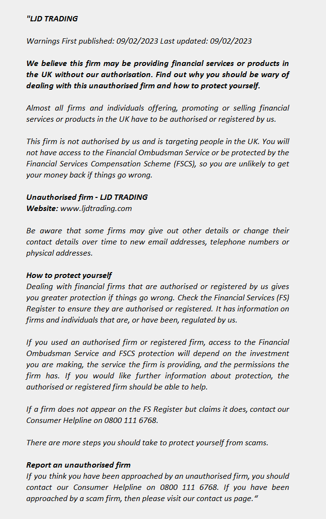 LJD TRADING  FCA warning List 