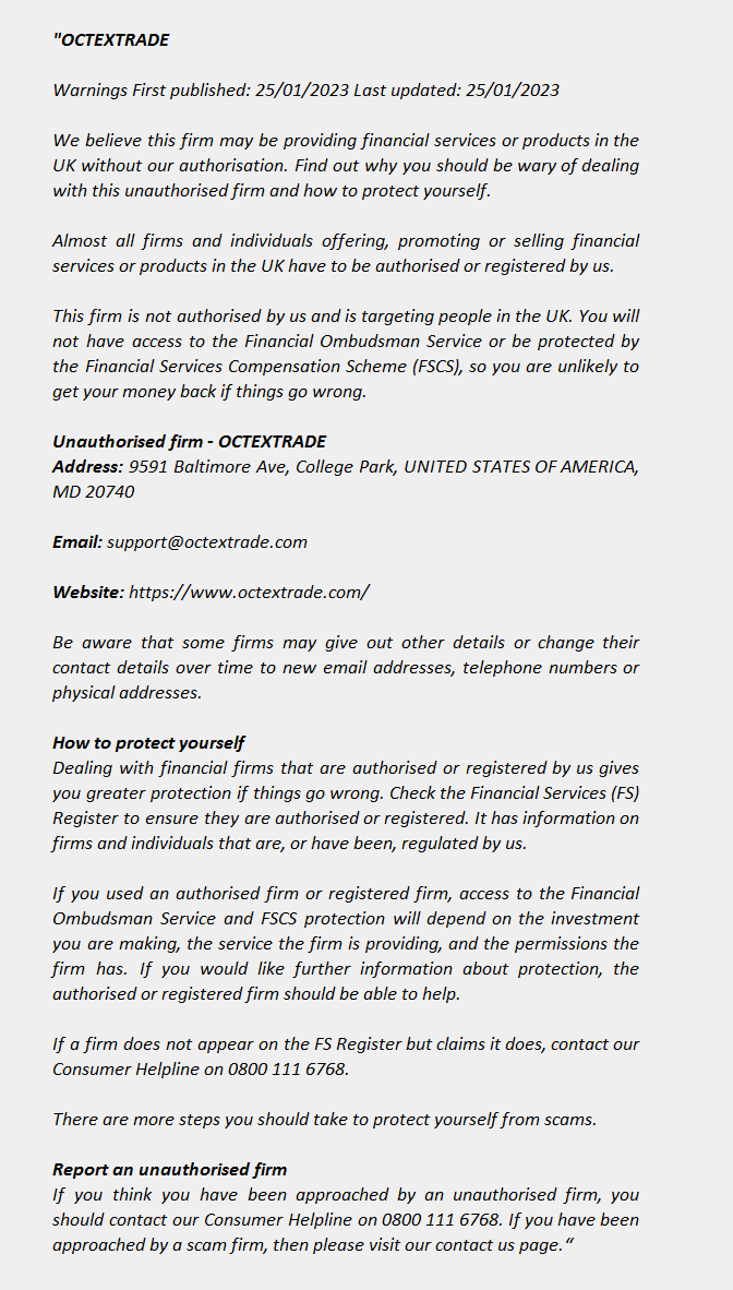 OCTEXTRADE  FCA Warning List 