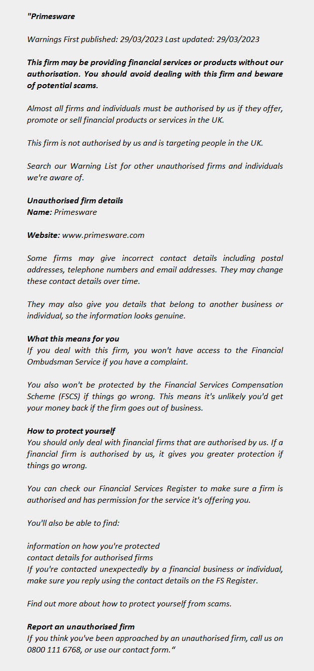 PRIMESWARE - FCA Warning List