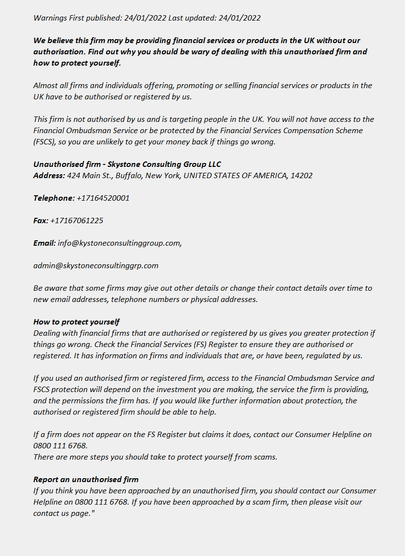 Skystone Consulting Group LLC: FCA issues warning Skystone Consulting Group LLC - Fraud