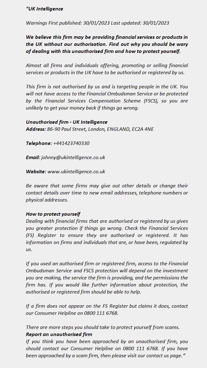 UK INTELLIGENCE  FCA Warning List 