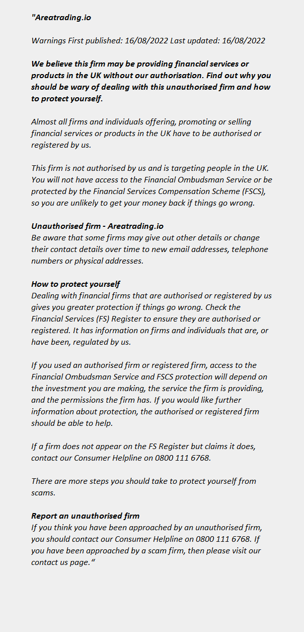 AREATRADING.IO - FCA Warning List 