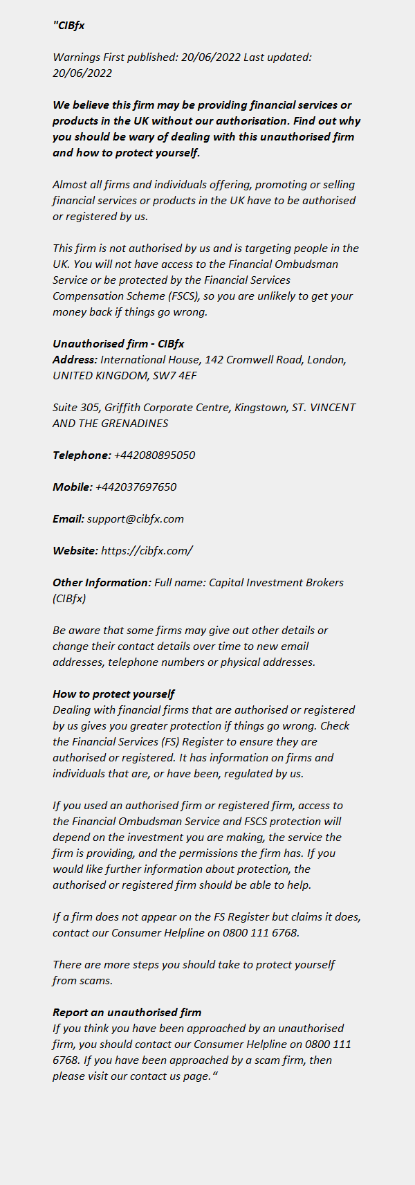 CIBFX ++ FCA Warning List 