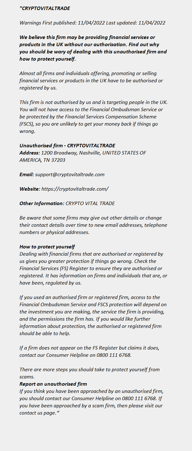 CRYPTOVITALTRADE - FCA Warning List 