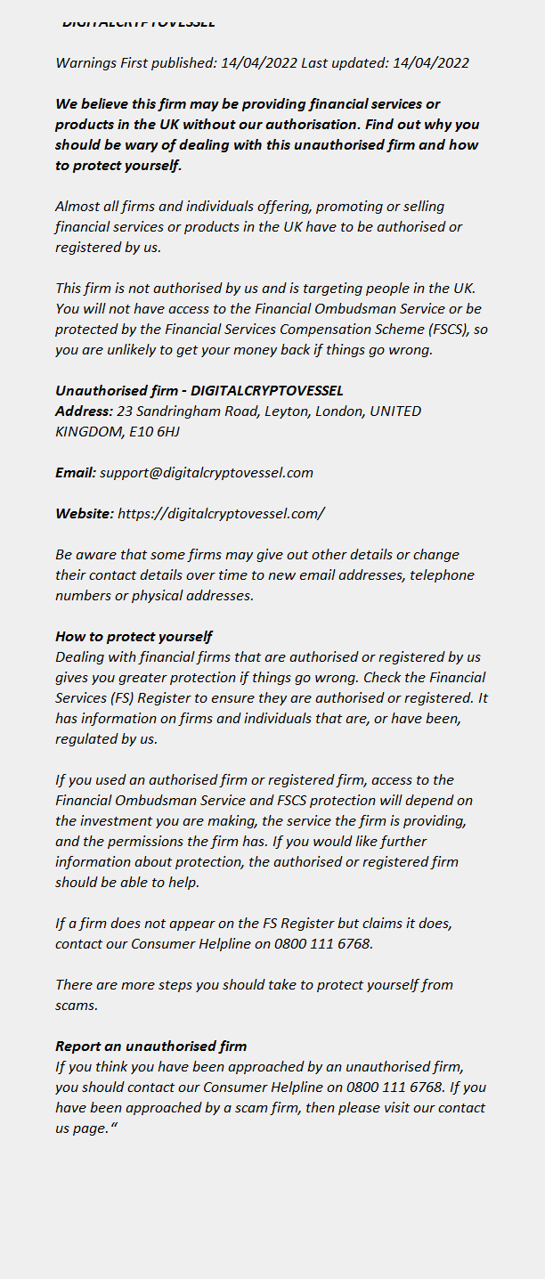 DIGITALCRYPTOVESSEL - FCA - Warning Warning - Investment Fraud