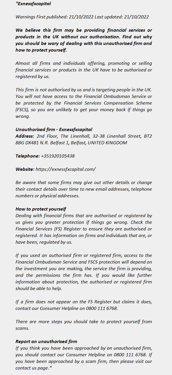 EXNESSFXCAPITAL of the FCA Warning List 