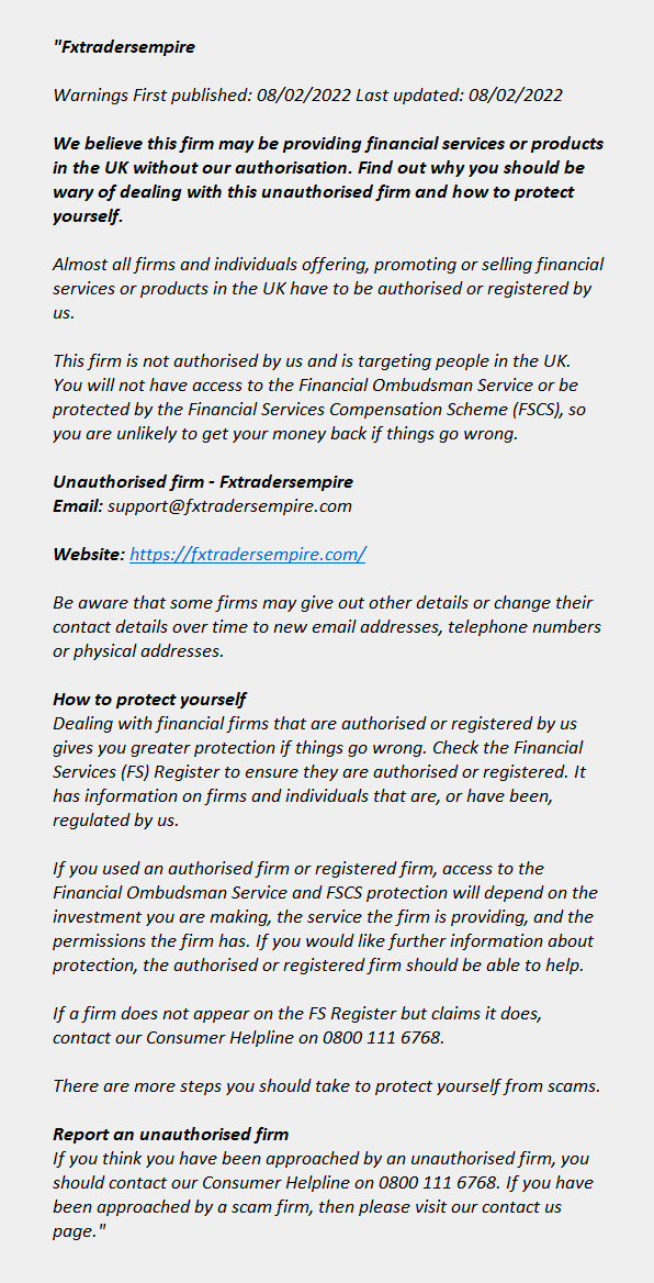 fxtradersempire.com: FCA issues warning! Fxtradersempire.com - FXTRADERSEMPIRE