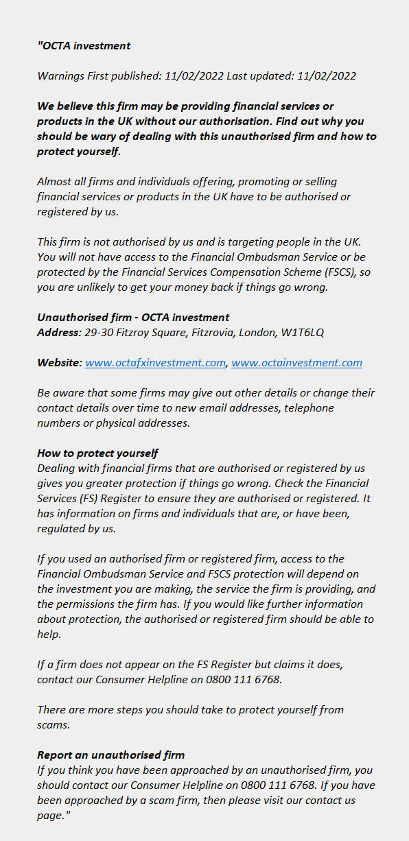 octainvestment.com: FCA issues warning! Octainvestment.com - OCTA INVESTMENT
