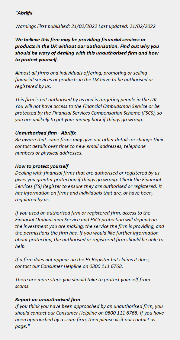Abrilfx: FCA issues warning! Abrilfx - ABRILFX