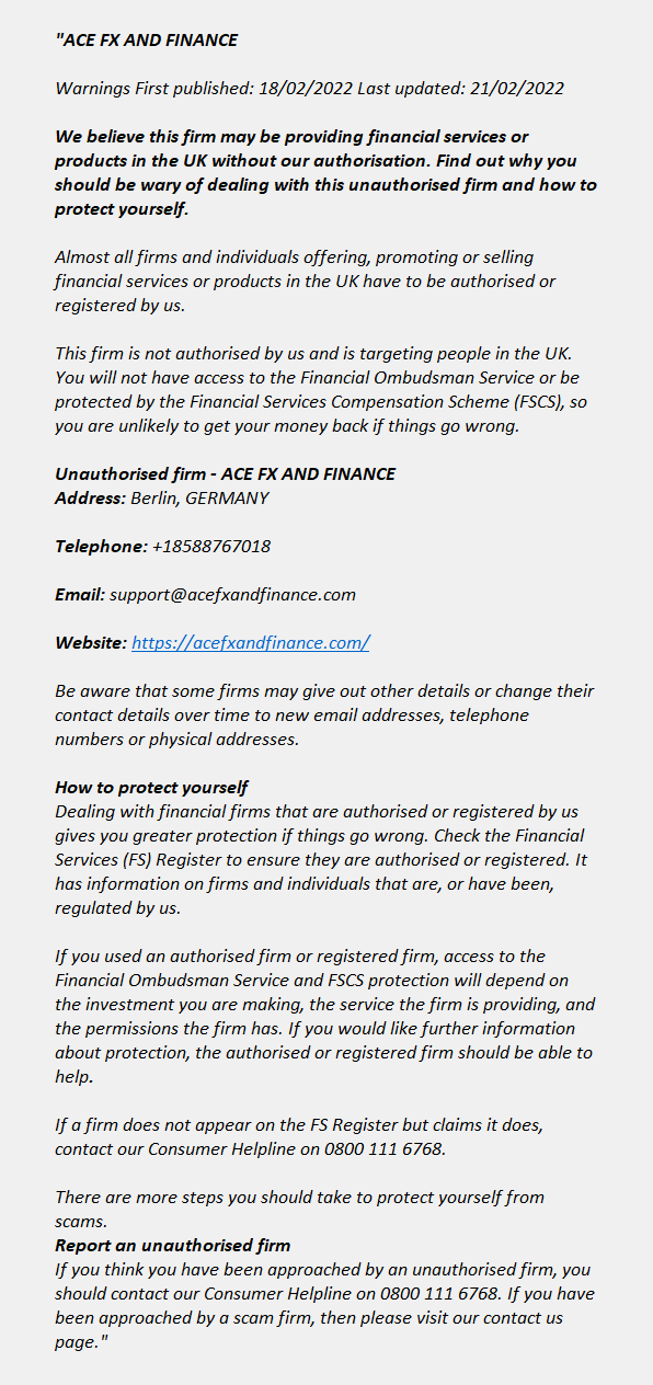 Acefxandfinance.com: FCA issues warning! Acefxandfinance.com - ACE FX AND FINANCE