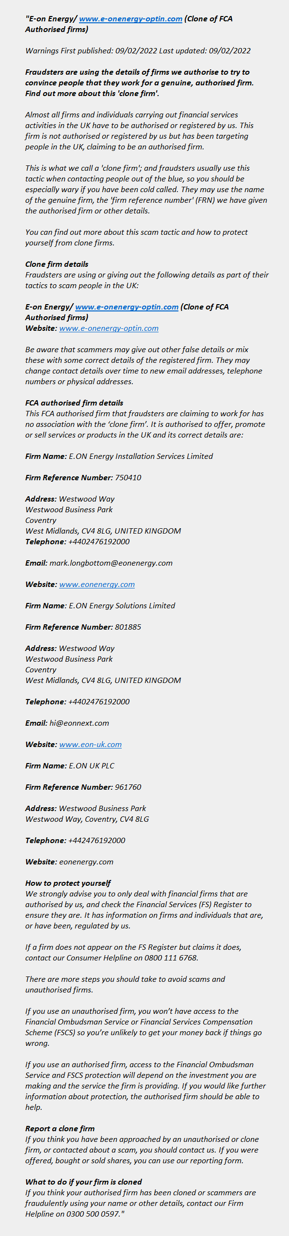 e-onenergy-optin.com (clone): FCA issues warning! e-onenergy-optin.com (clone) - E-ON ENERGY