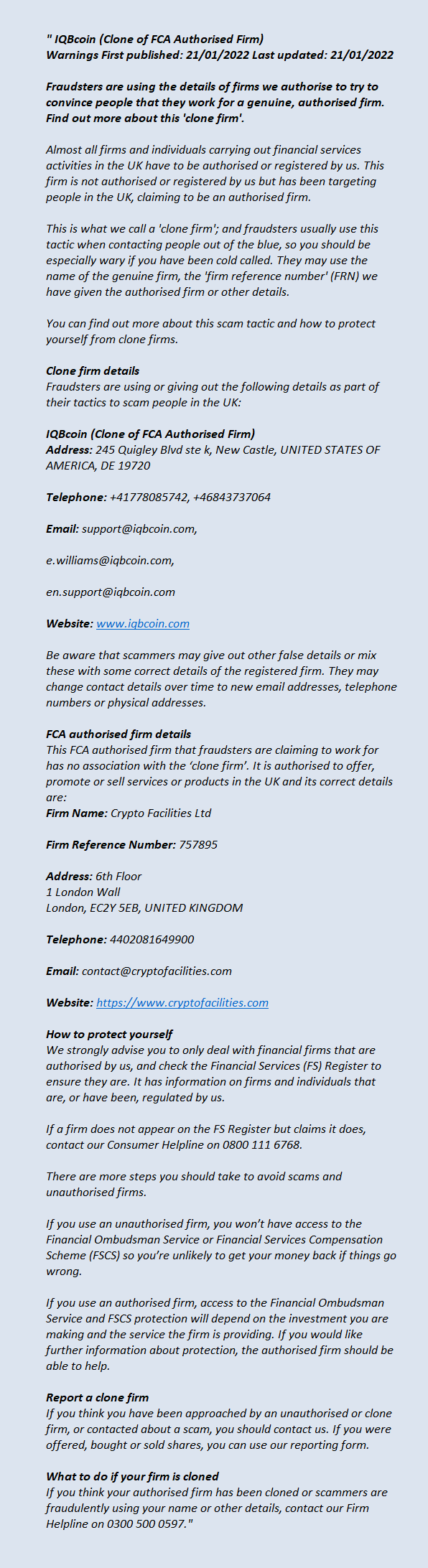 iqbcoin.com (clone): FCA issues warning iqbcoin.com (clone)