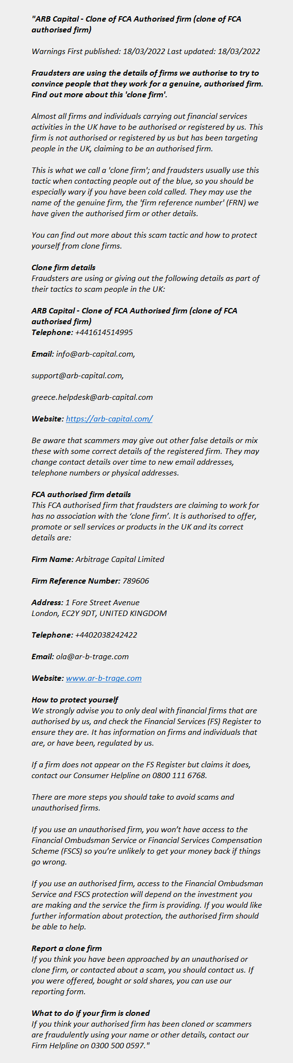 Arb-capital.com (clone): FCA issues warning! ARB Capital (Clone) - Arb-capital.com (Clone) - Arbitrage Capital Limited