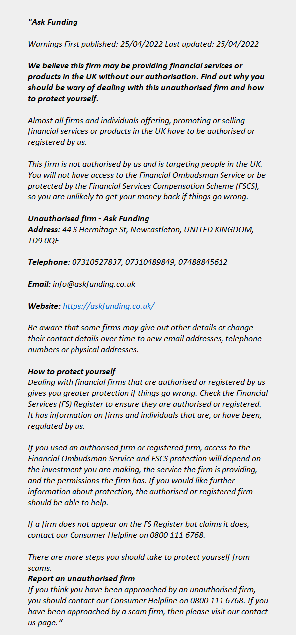 askfunding.co.uk: FCA issues warning! askfunding.co.uk - ASK FUNDING