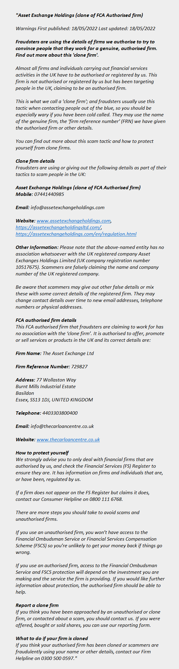 Fortrades Ltd (clone) ++ The Asset Exchange Ltd