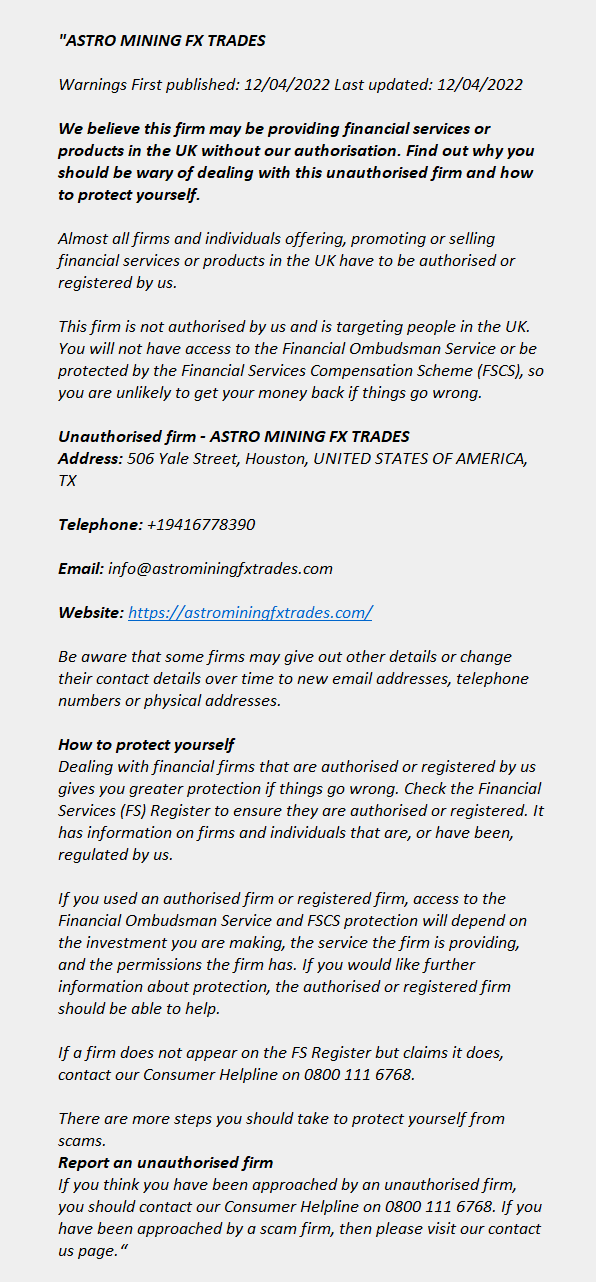 astrominingfxtrades.com: FCA issues warning! astrominingfxtrades.com - ASTRO MINING FX TRADES