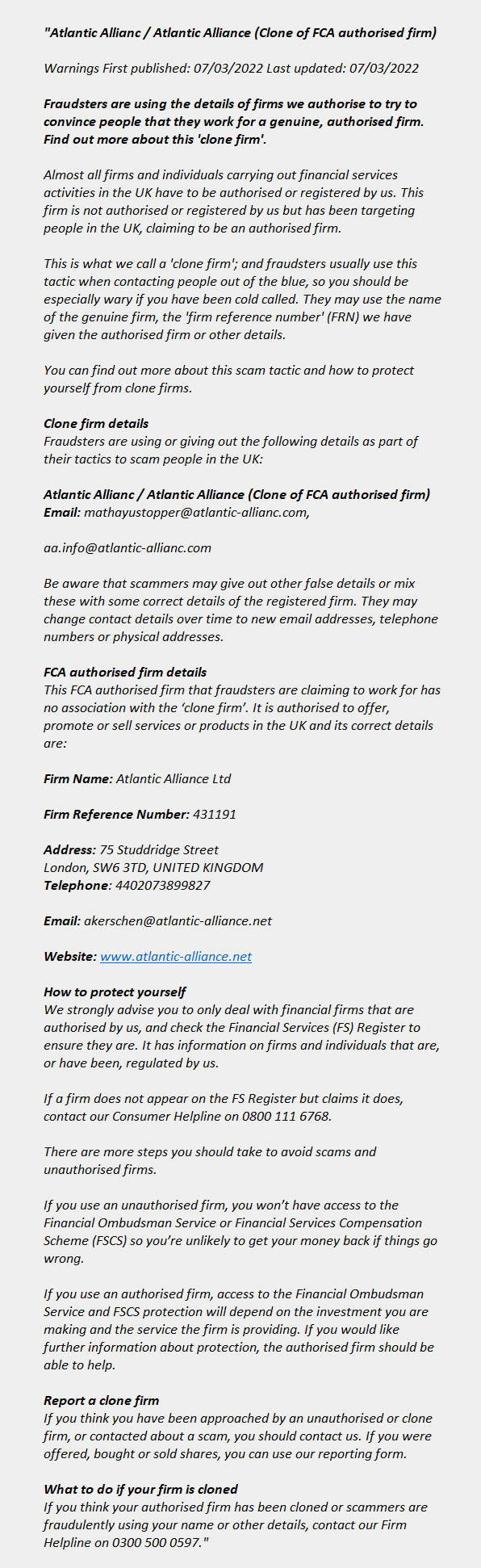 Atlantic Allianc / Atlantic Alliance (clone): FCA issues warning! Atlantic Alliance - CLONE OF Atlantic Alliance Ltd