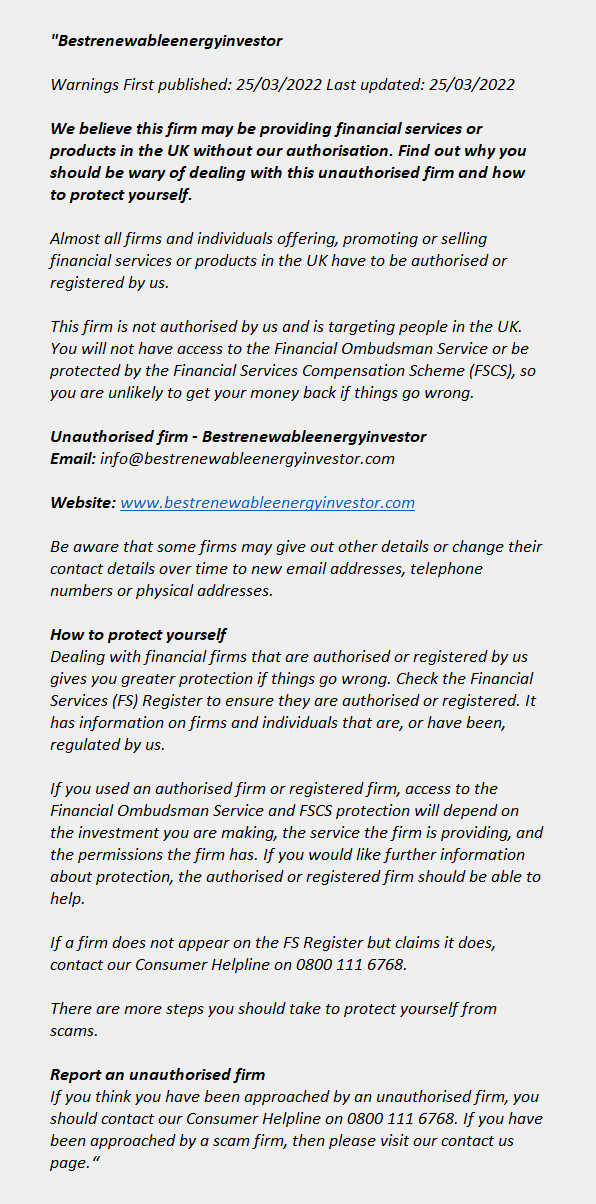 BESTRENEWABLEENERGYINVESTOR.COM: FCA issues warning! BESTRENEWABLEENERGYINVESTOR.COM - Bestrenewableenergyinvestor