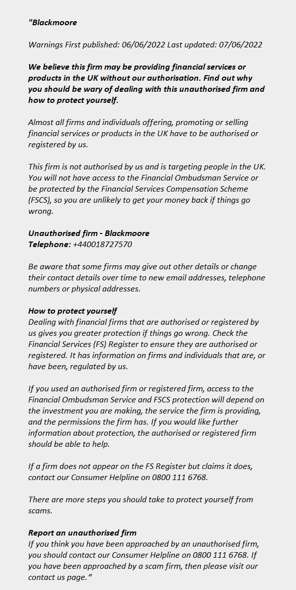 BLACKMOORE ++ FCA Warning List