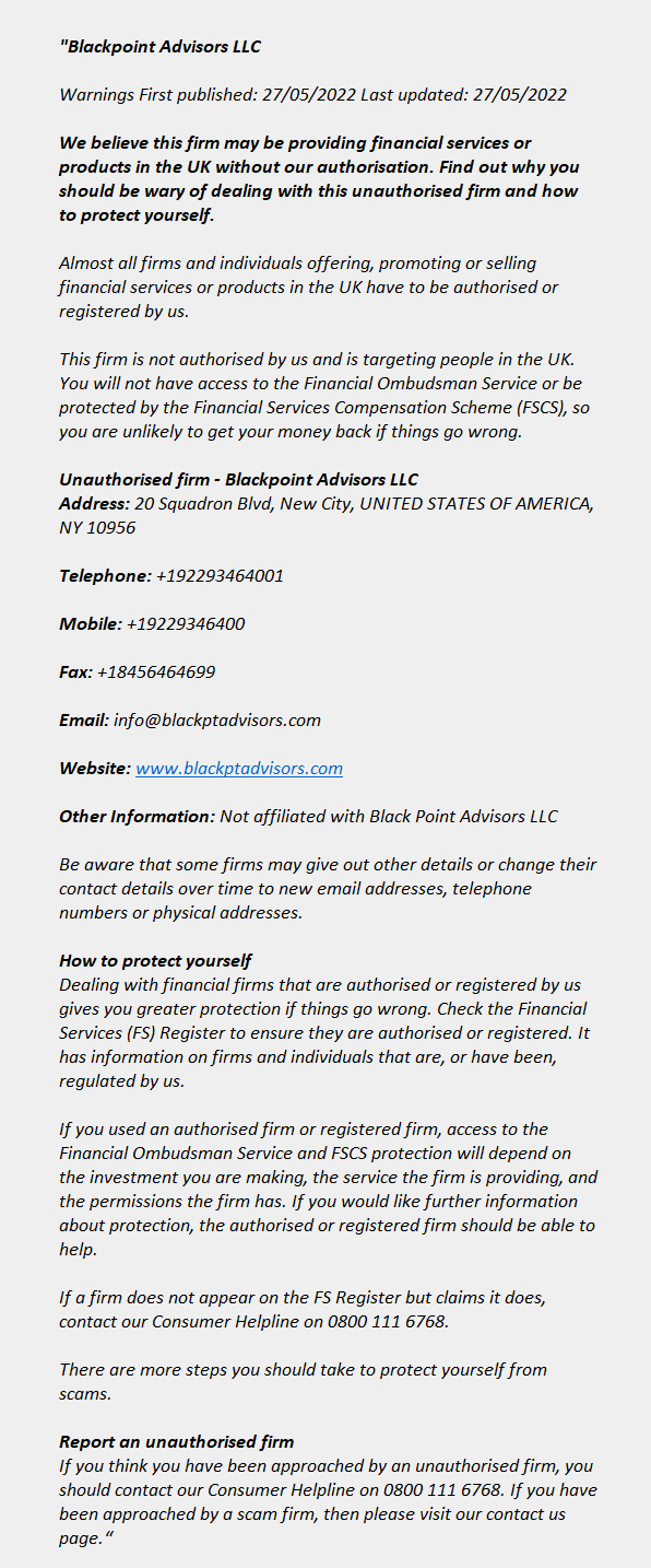 BLACKPOINT ADVISORS LLC - blackptadvisors.com