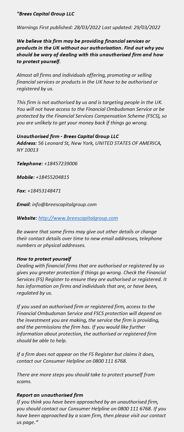 breescapitalgroup.com: FCA issues warning! breescapitalgroup.com - BREES CAPITAL GROUP LLC
