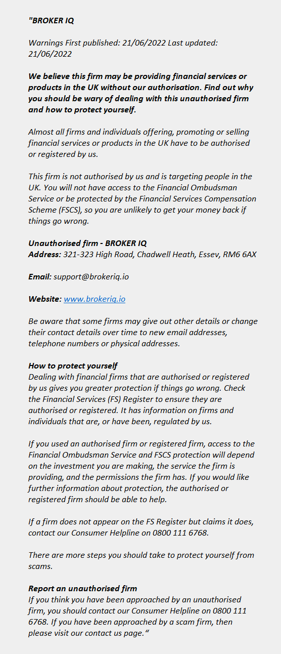 BROKERIQ.IO: FCA issues warning!