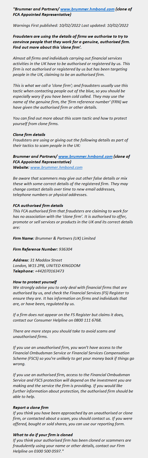 brummer.hmbond.com (clone): FCA issues warning! brummer.hmbond.com (clone) - BRUMMER AND PARTNERS (CLONE OF Brummer & Partners (UK) Li mited)