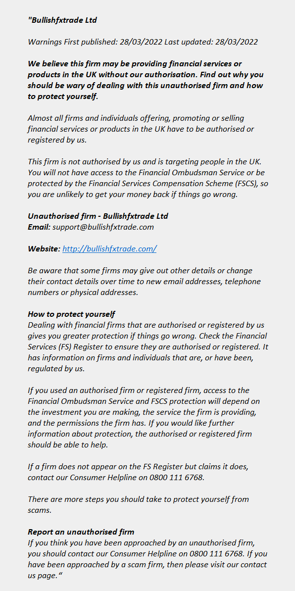 bullishfxtrade.com: FCA issues warning! bullishfxtrade.com - Bullishfxtrade Ltd