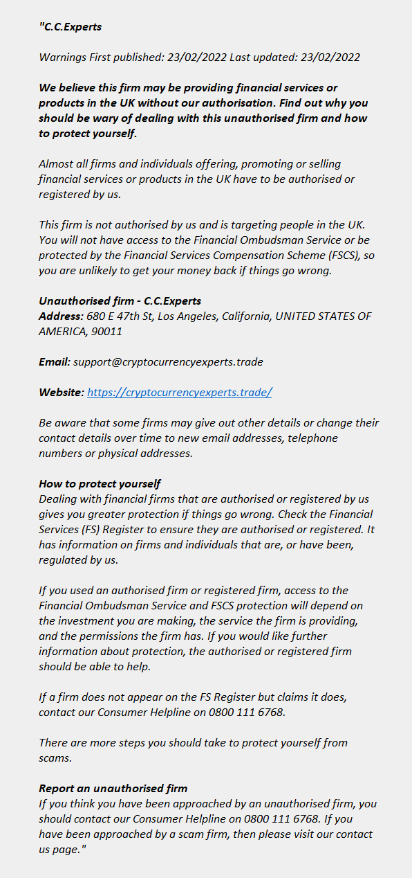 C.C.Experts.net: FCA issues warning! Cryptocurrencyexperts.trade - C.C.EXPERTS