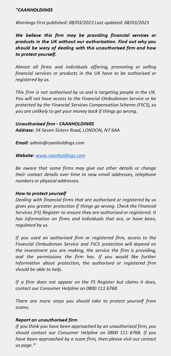 CAANHOLDINGS.COM – CAANHOLDINGS