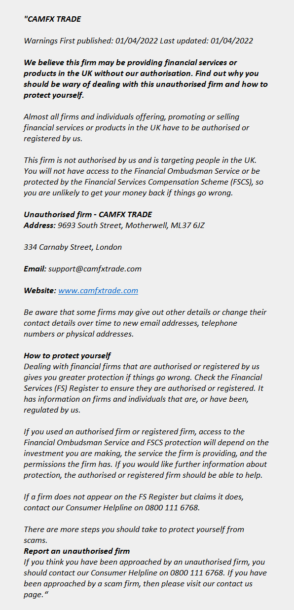 camfxtrade.com: FCA issues warning! camfxtrade.com - CAMFX TRADE