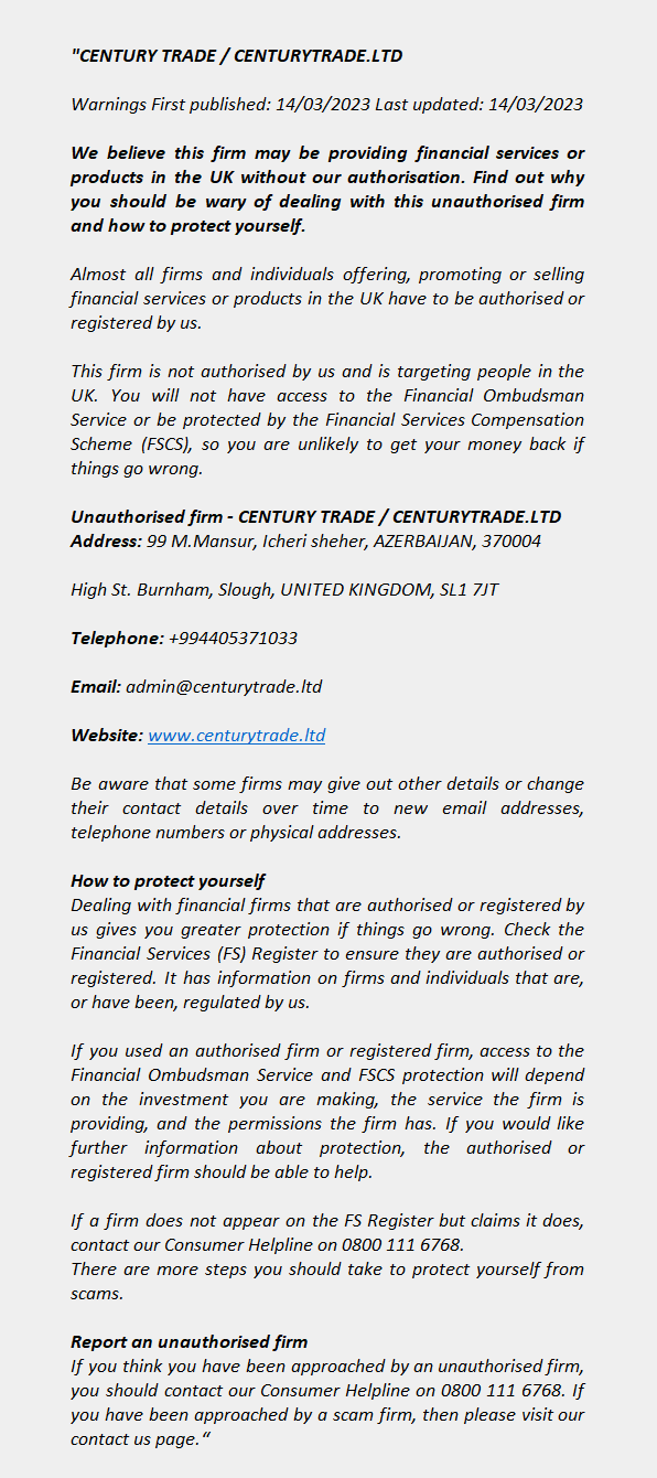 CENTURYTRADE.LTD – CENTURY TRADE