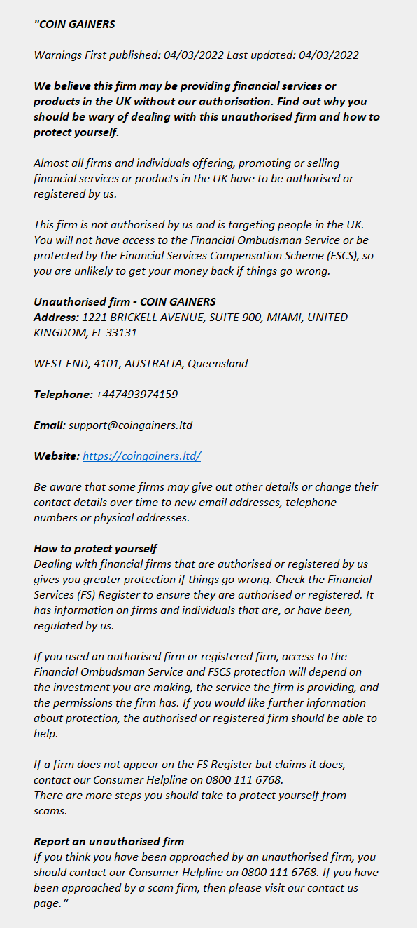 Coingainers.ltd: FCA issues warning! Coingainers.ltd - COIN GAINERS