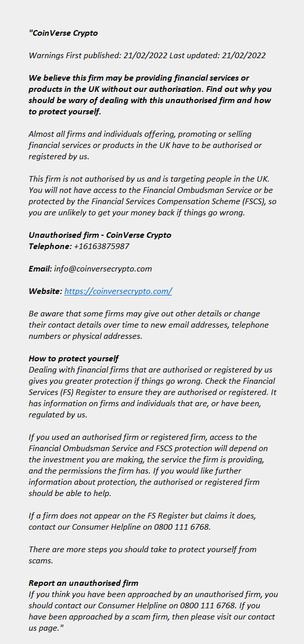 Coinversecrypto.com: FCA issues warning! Coinversecrypto.com - COINVERSE CRYPTO