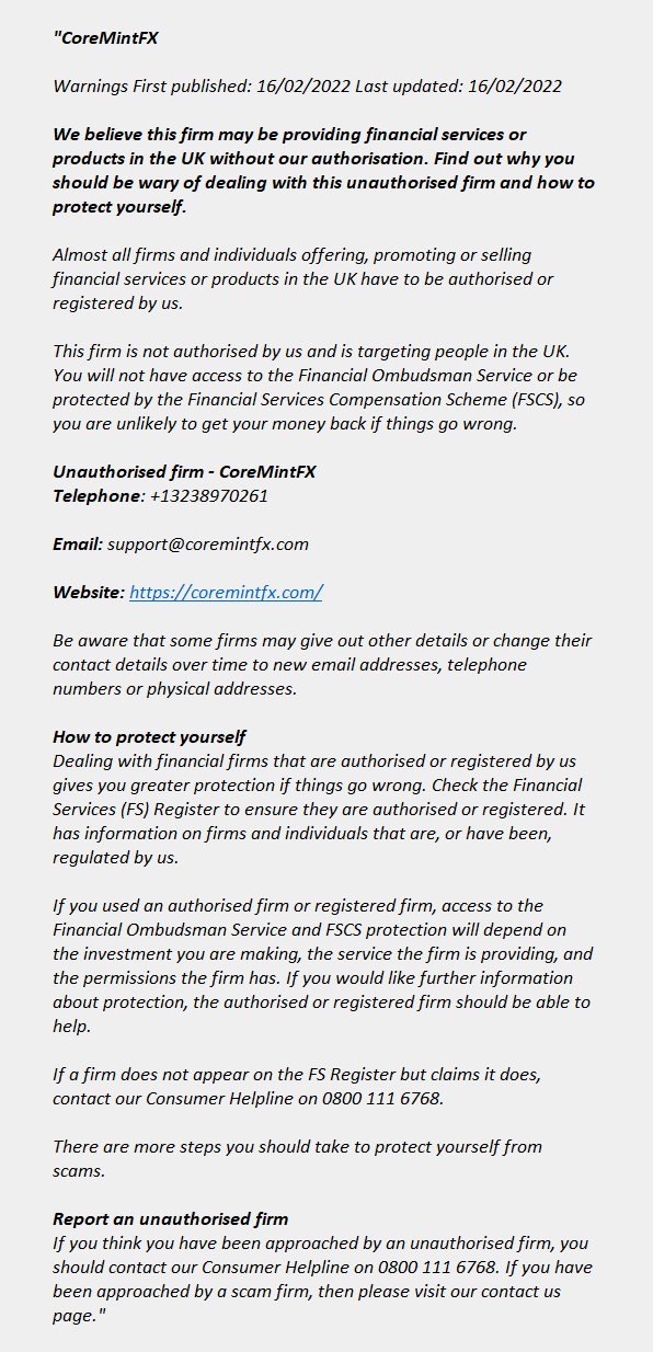 coremintfx.com: FCA issues warning! Coremintfx.com - CoreMintFX