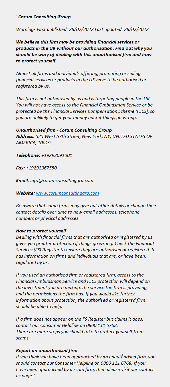 Corumconsultinggrp.com: FCA issues warning! Corumconsultinggrp.com - CORUM CONSULTING GROUP